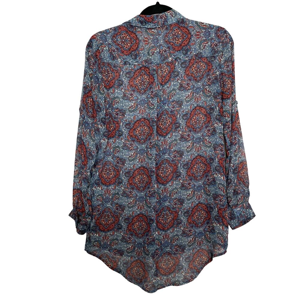 Band of Gypsies Paisley Long Sleeve Button Up Tunic Blouse Blue Orange Women's S